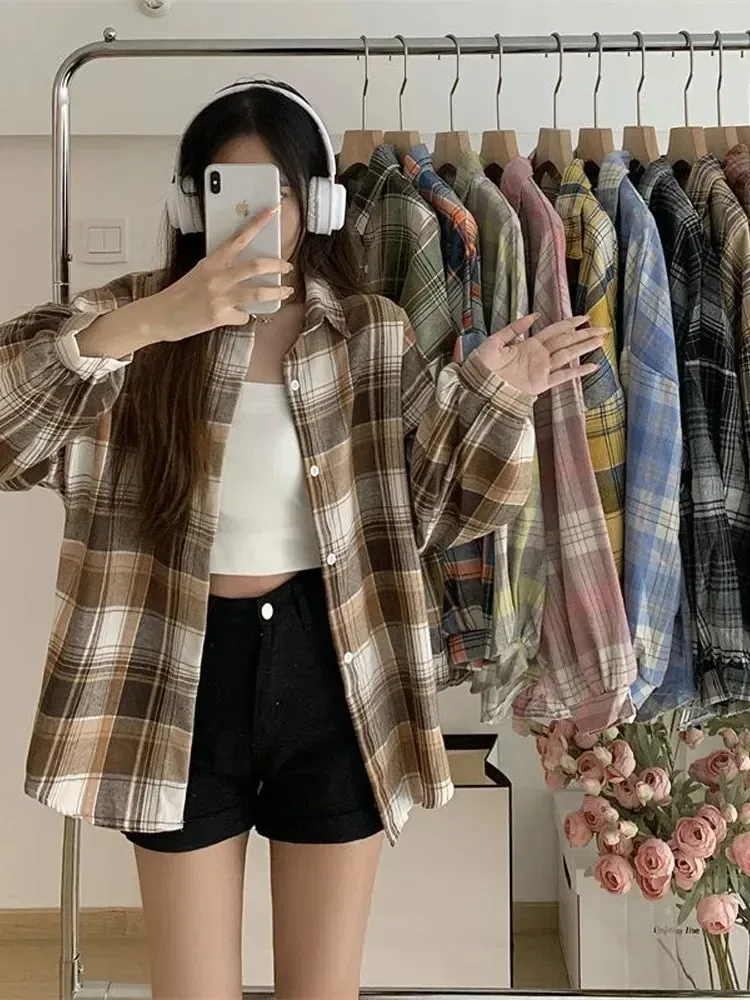 Camicia a quadri Donna Moda Autunno Top a maniche lunghe Camicetta monopetto vintage femminile Camicie a quadri larghe stile preppy da donna