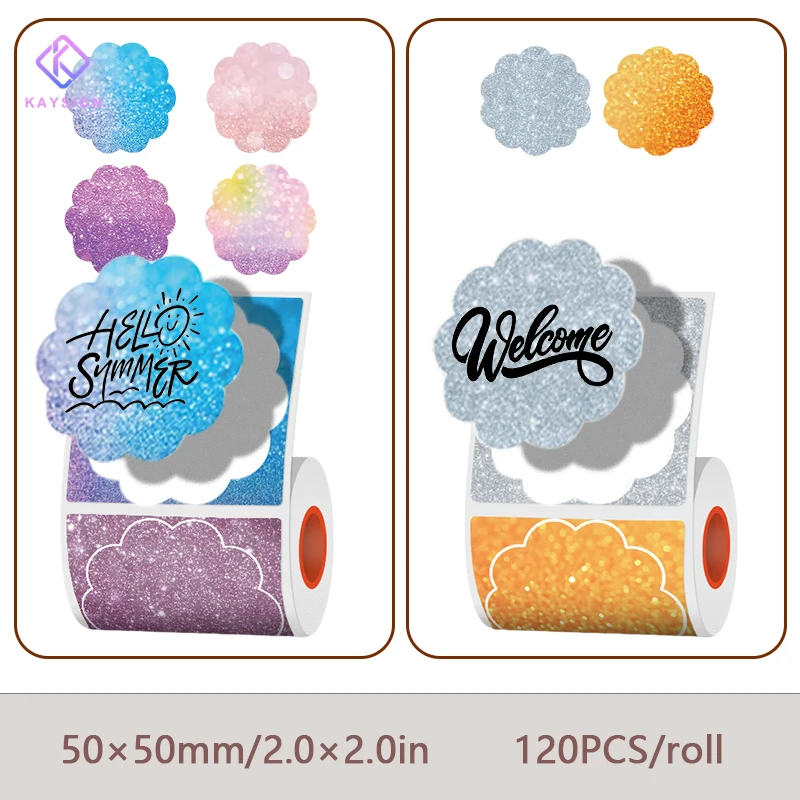 Papier d'étiquettes thermiques couleur en forme de fleur, 50mm, papier adhésif imprimable, étiquettes cadeaux, autocollants auto-adhésifs, utilisation pour imprimante Portable