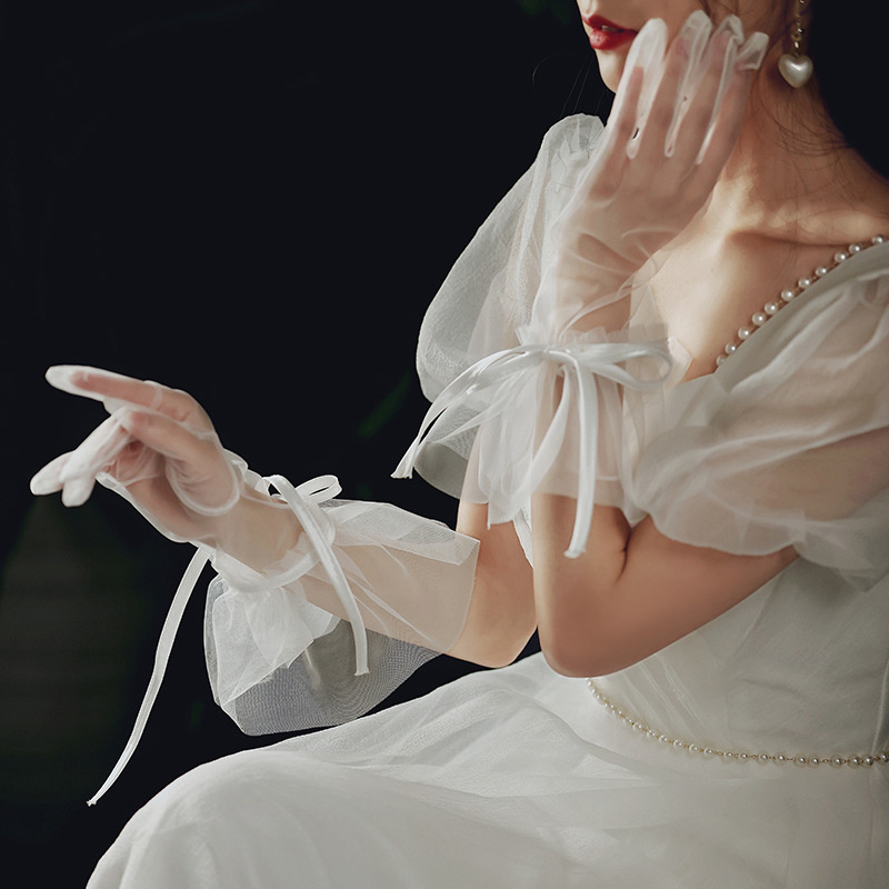 Gants de mariage transparents Vintage, robe de mariée blanche, avec nœud en maille et perles, courts en dentelle, accessoires de mariage