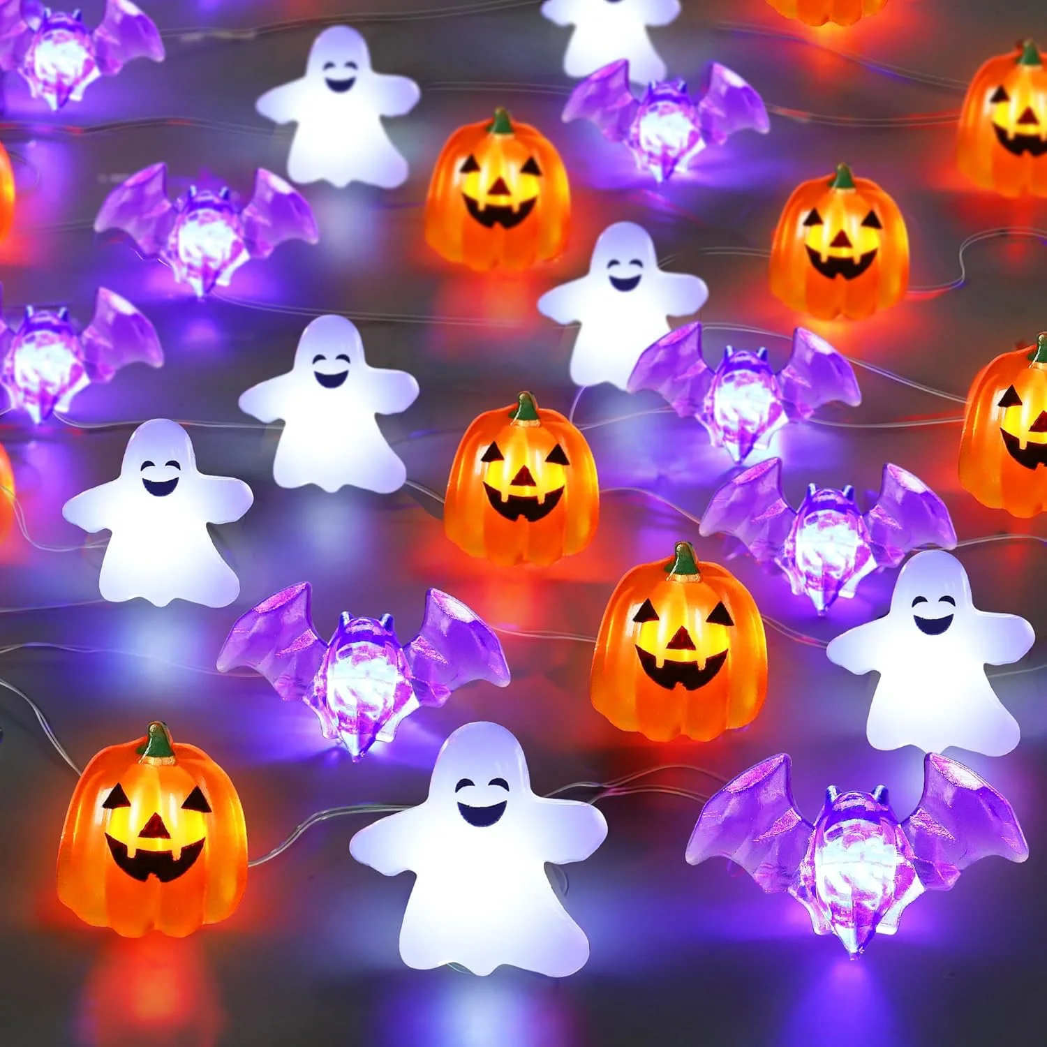 1 szt. 20/30 LED Halloweenowa Lampka Sznurkowa z Drutu Miedzianego z Mini Duchem Dynią Nietoperzem Lampka Wróżkowa do Dekoracji Domu na Halloween, Imprezę, Festiwal