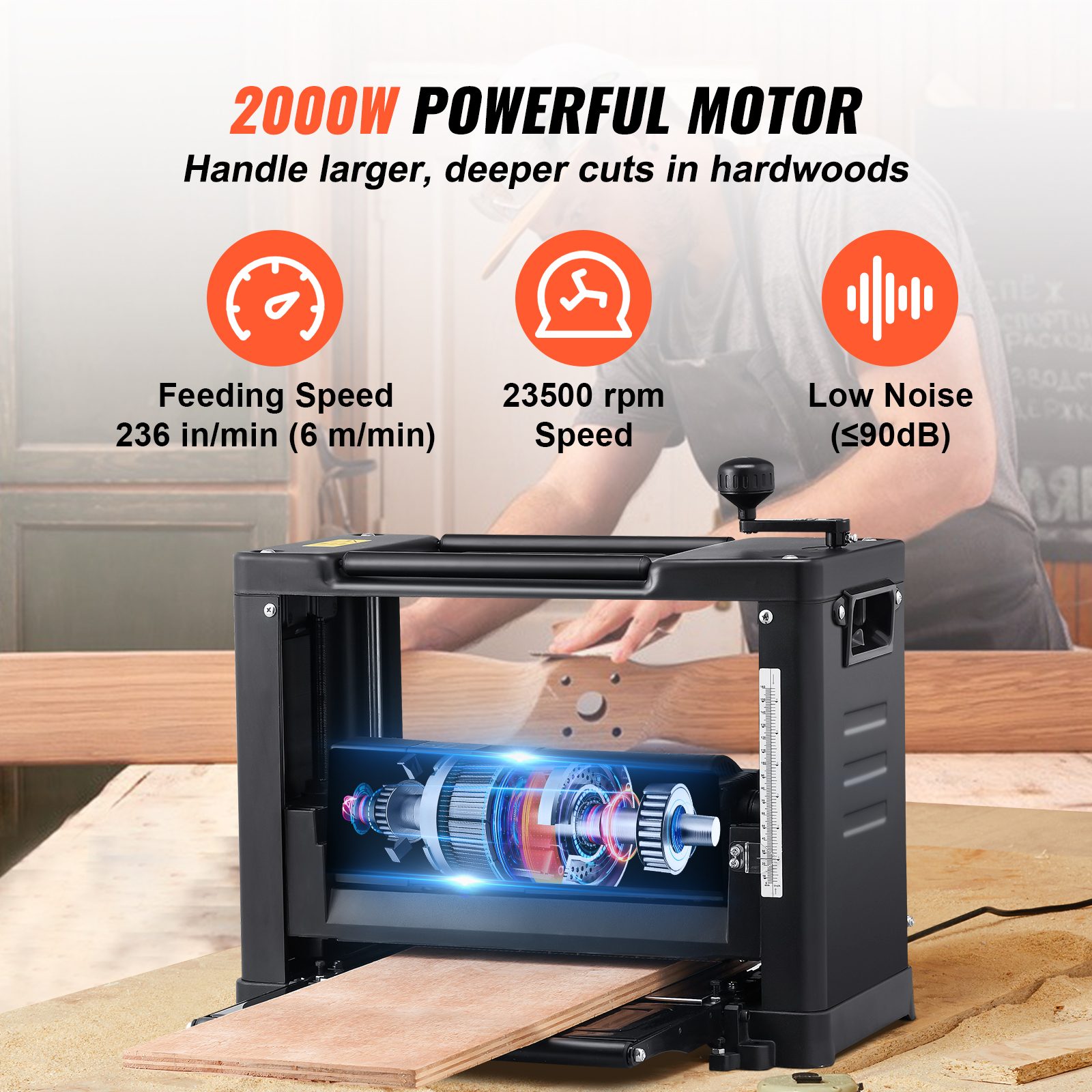 VEVOR Pialla a Spessore 2000W per Legno Altezza Regolabile Lama in Acciaio al Carbonio, Pialla Filo Spessore 15 Amp 2000 W 23500 giri/min, Pialla a Spessore per Lavorazione di Legno  Larghezza 33 cm