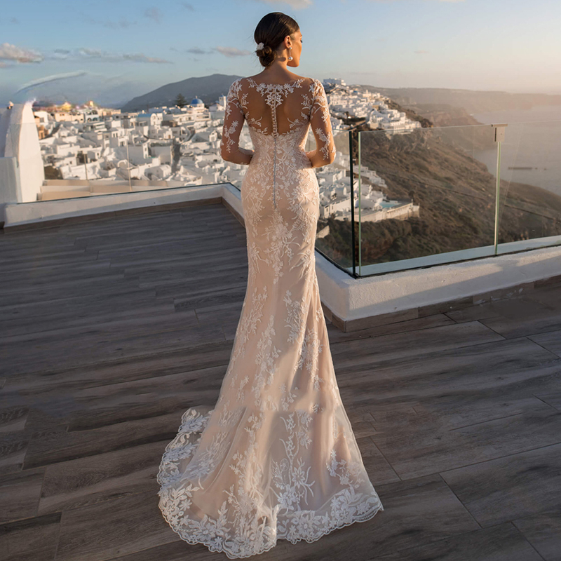 Wunderschönes abnehmbares 2-in-1-Hochzeitskleid mit bestickter Spitze auf Netz und Schleppe, Oneck-Vintage-Brautkleid mit langen Ärmeln, Vestido De Novia