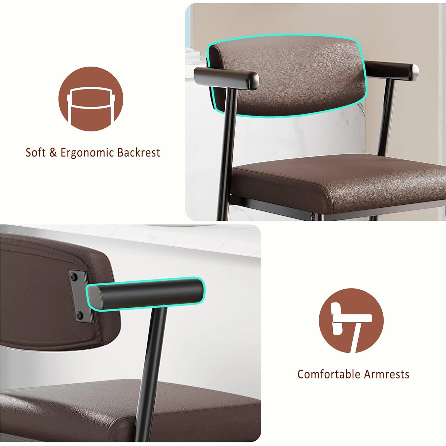 2PCS 26" Counter Height Barstools Set with Back & Footrest Modern Metal Bar Stools Wide Seat for Counter Bar, Kitchen Island