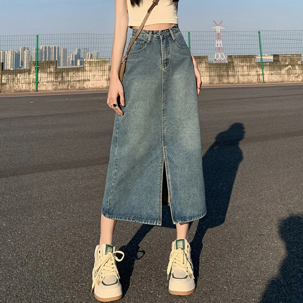 Falda de mezclilla azul lavada de cintura alta para mujer, falda Retro de línea A, bolsillos, abertura frontal, Falda vaquera larga recta, cubierta de cadera, Verano