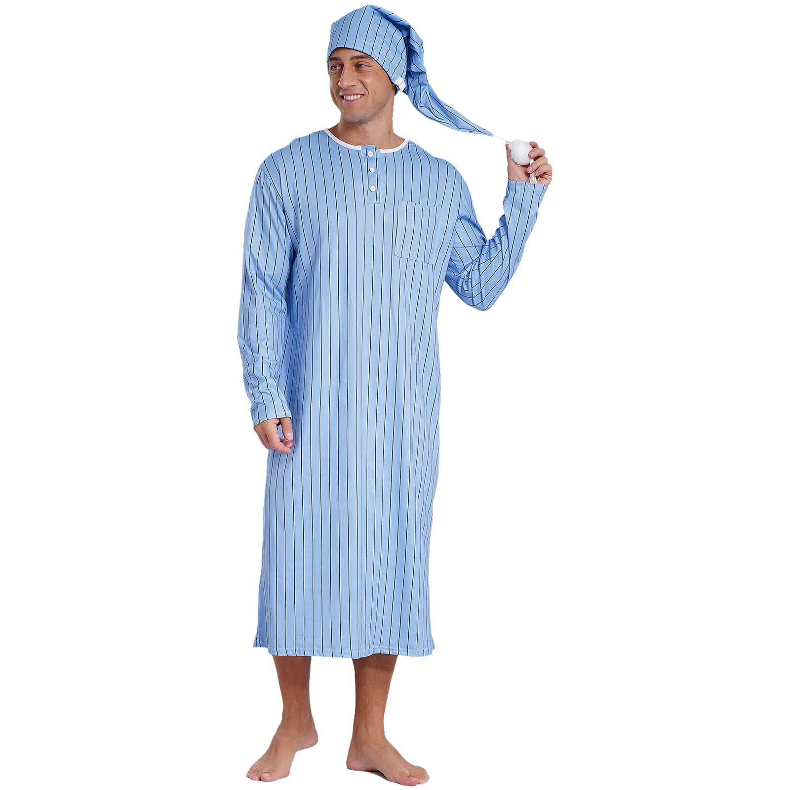 Sissy-Nachtwäsche für Herren, gestreifter Schlafmantel mit Hut, langärmelig, lange Robe und Pompom, verstellbare Schlafmütze, arabischer muslimischer Pyjama