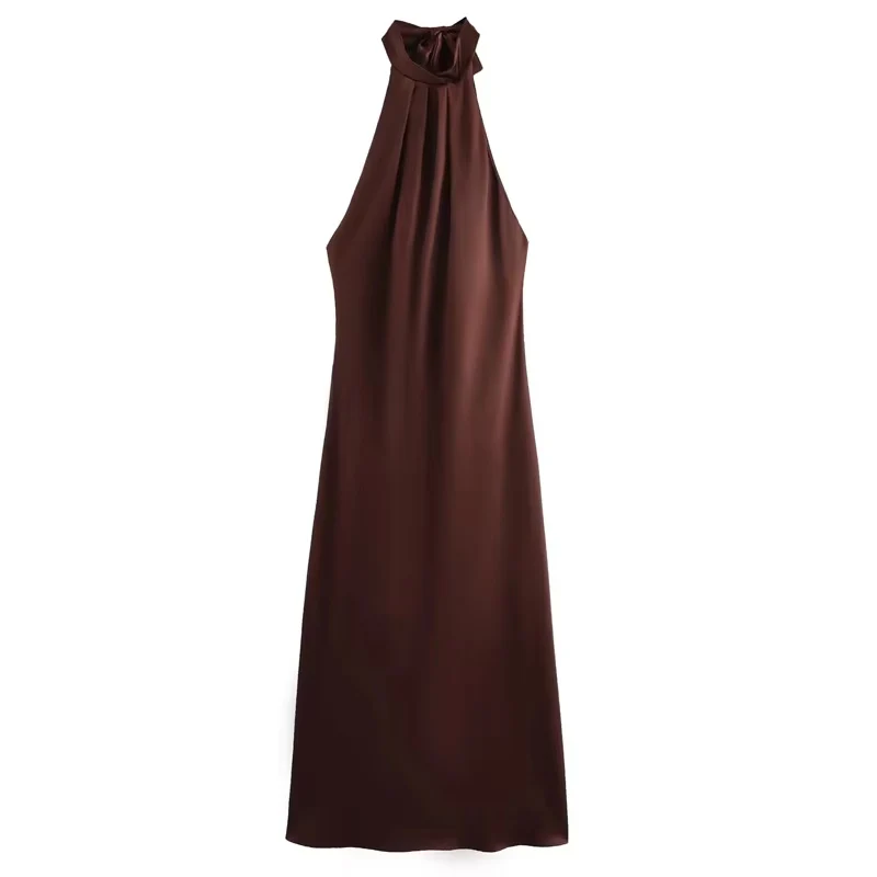 HXAO Halter Satin Long Dress Women Tied Backless Brown Midi Dress Summer Off Shoulder Party Dresses Pleated Evening Dress
