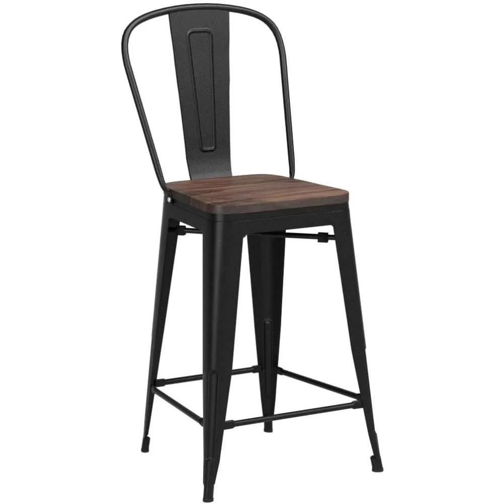 Barstools Set of 4 Counter Height Bar Stools for Kitchen Island Farmhouse Metal High Back Bar Chairs Wooden Seat 24" Matte Black