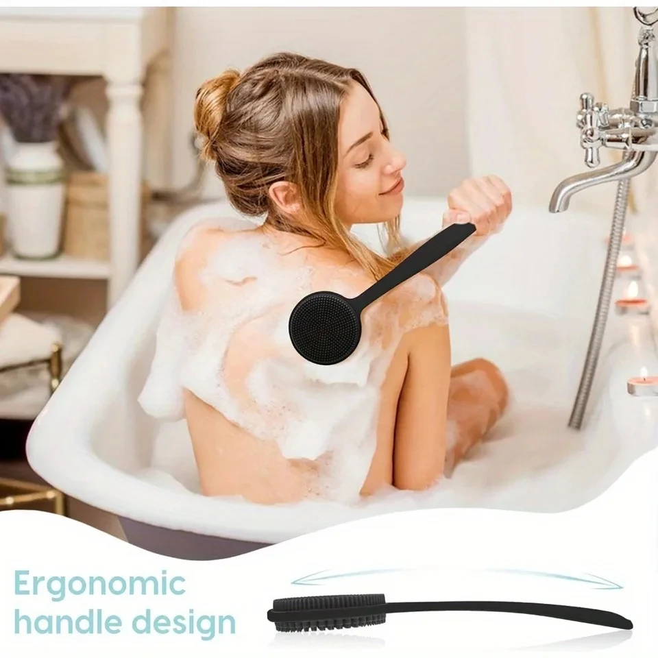 Silicone Back Scrubber Brush for Shower Long Handle Body Deep Cleansing and Exfoliating Massage Double-Sided Soft Bristles