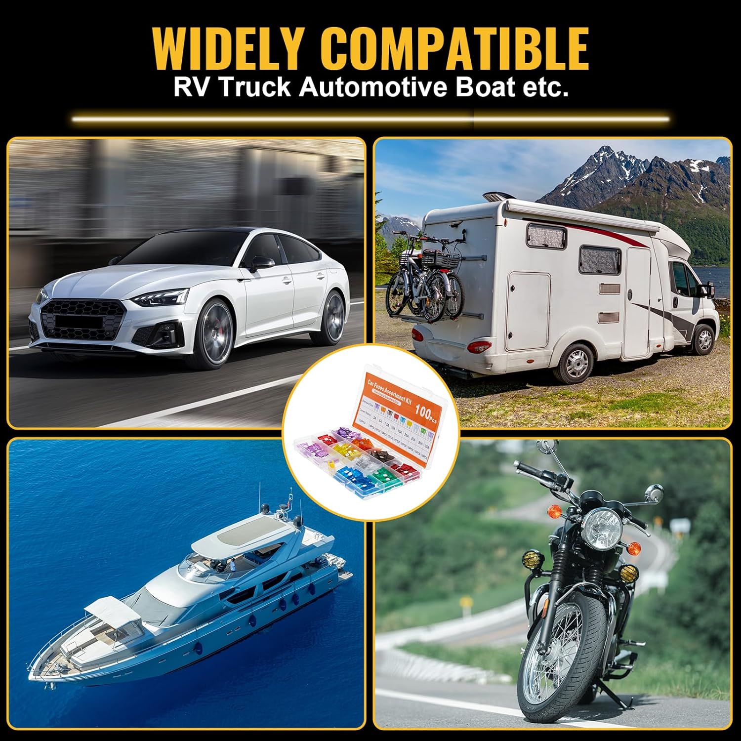 100-delige standaard zekeringen Kit Autozekeringen Assortiment Kit Standaardformaat Automotive Blade Fuse voor camper, auto, vrachtwagen, marine, boot