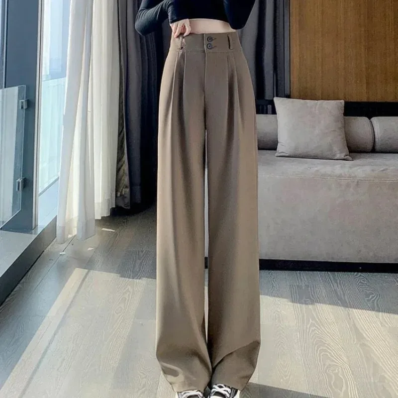 Korean style high waisted black loose pants for office ladies, fashionable loose suit pants for street wear, straight leg pants