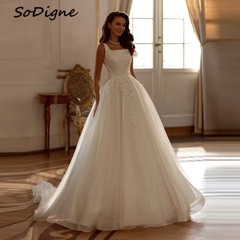 SoDigne A-line Tulle Abiti da sposa Colletto quadrato Senza maniche Appliques Abito da sposa Abito da sposa Robe De Mairee ﻿ Personalizzato ﻿