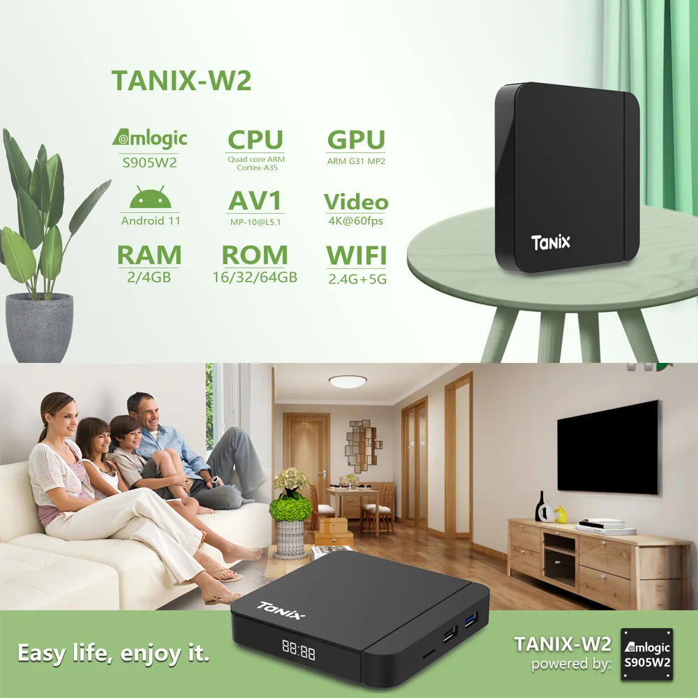 Tanix W2 Android 11 TV Box Amlogic S905W2 2G/16G AV1 BT TVBOX 2.4G&5G Dual Wifi 4K HD Set Top Box 4G/64G Media Player