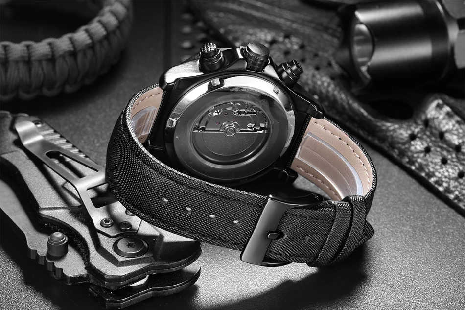 Reloj deportivo para hombre, automático, luminoso, mecánico, estilo lona, cuero auténtico, negro, azul, multifunción, fecha, mes