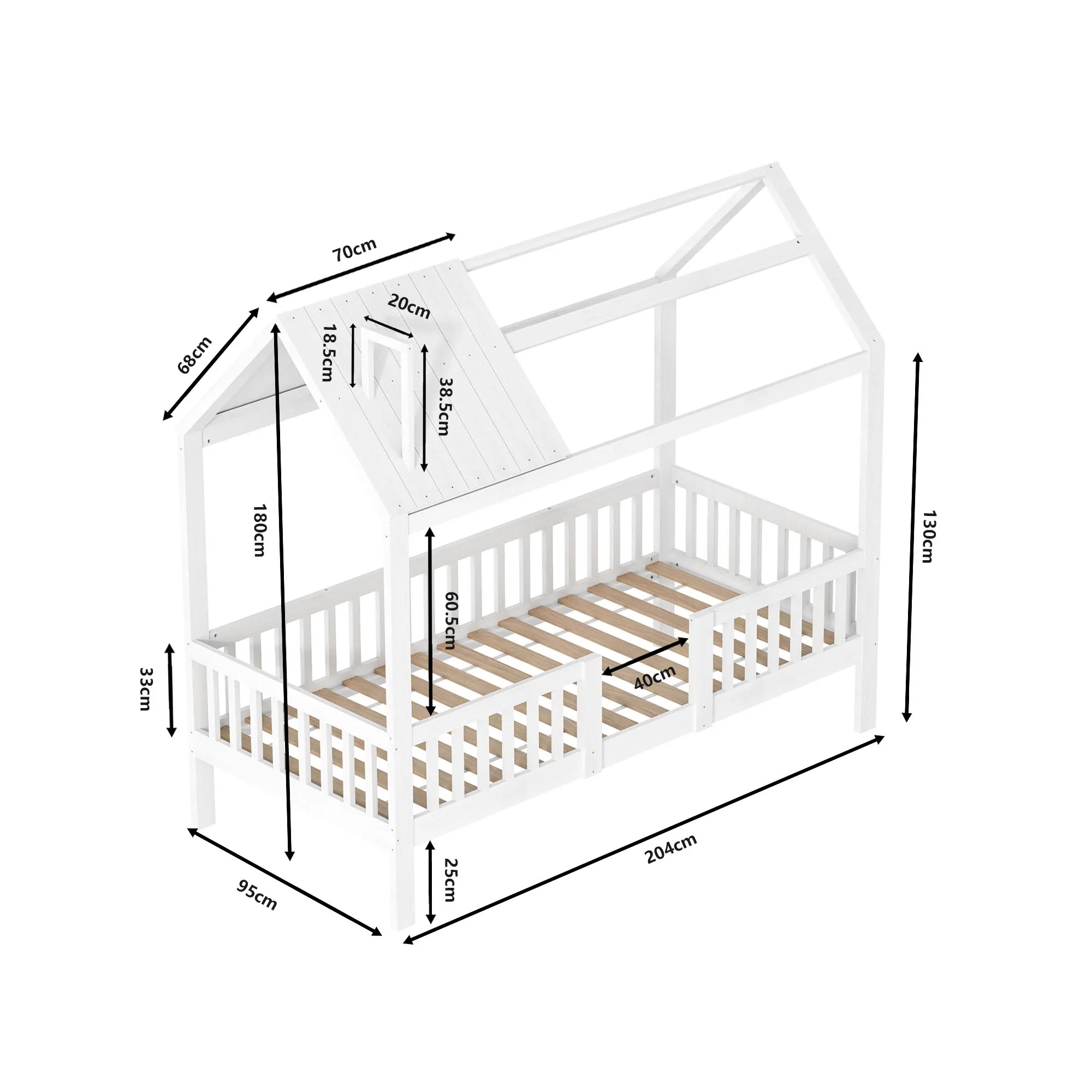 Łóżko pojedyncze dla dzieci Lazyspace, łóżko typu cottage 90 x 200 cm, łóżeczko, z ramą listwową i barierką, białe drewniane łóżko dla dzieci