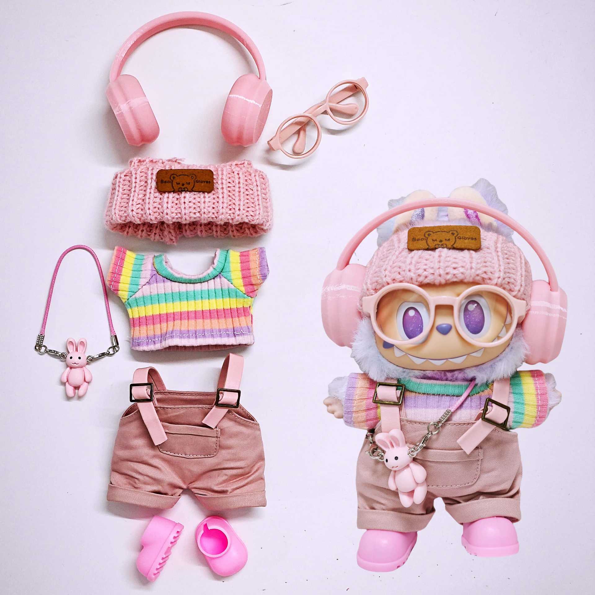 Labubu-Kleidung Rosa Overalls, bunte Kopfhörersets, regenbogenfarbene Faltenrock-Kleidung, Labubu-Zubehör (keine Puppen)