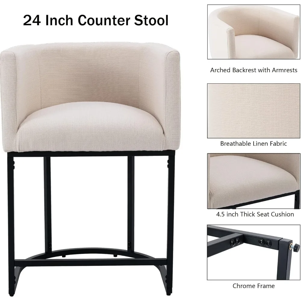 Contemporary Cream Linen Bar Stools Set of 3, 24" Upholstered Fabric Counter Height Barstools Kitchen Counter Island Stools with