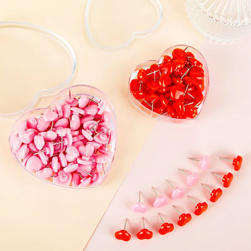 50 pieces/box Heart-shaped plastic push pins Made of high-quality cork board Safe colored push pins Office and school supplies
