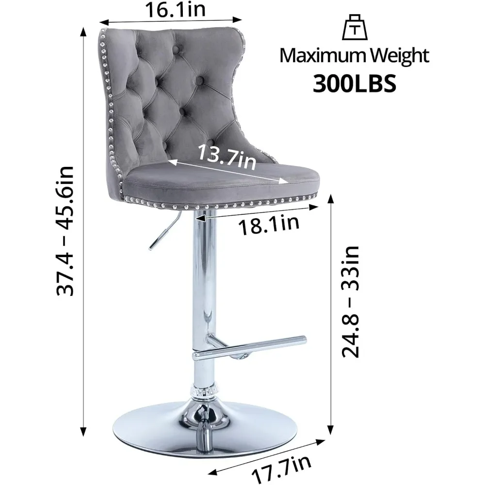 Swivel Bar Stools Set of 4, Barstools with Nailheads Trim, Button Tufted Back and Footrest, Velvet Upholstered Bar Chairs
