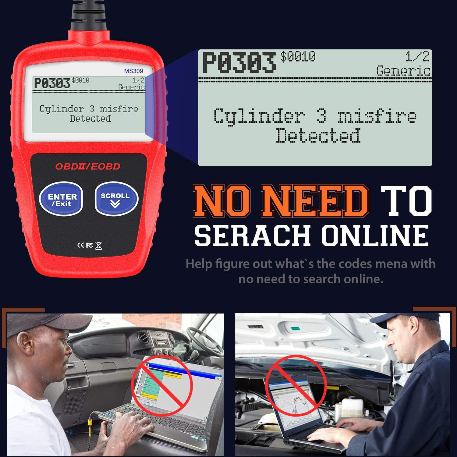MS309 Automotive Trouble Code Reader Accurate engine diagnostic tool scanner checks engine light and emission monitoring status