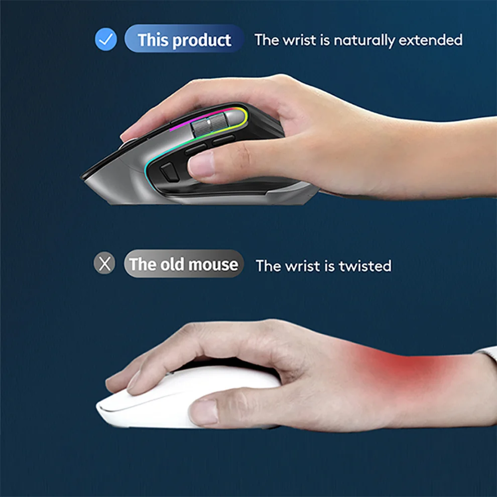 JOMAA-Mouse Preto Sem Fio, 2.4G, Bluetooth, RGB, Recarregável, Design Ergonômico, Computador, Jogos, Escritório