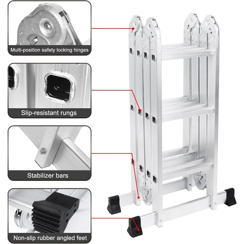330lb 12.5ft Multi Purpose Aluminum Extension 7 in 1 Folding Step Ladder Foldable Lightweight Scaffold Ladder