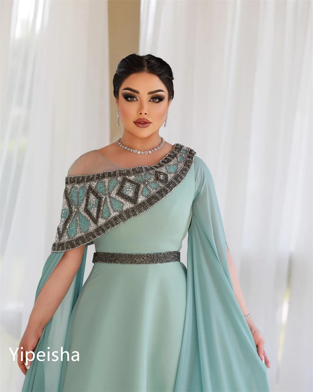 Personalizado jiayigong moda tamanhos disponíveis jóia a linha cocktail noite lantejoulas flores dobrar drapeado chiffon vestidos de baile