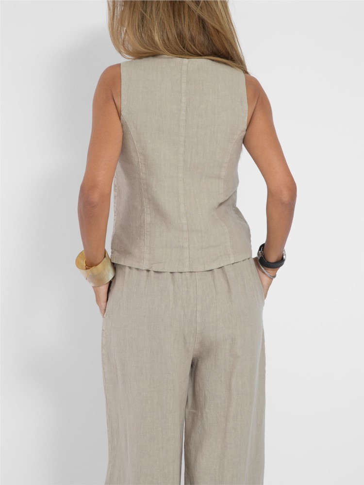 Conjuntos de chaleco y pantalones a la moda para mujer, traje informal liso de algodón, Top con botones sin mangas y pantalones, conjunto de 2 piezas para oficina