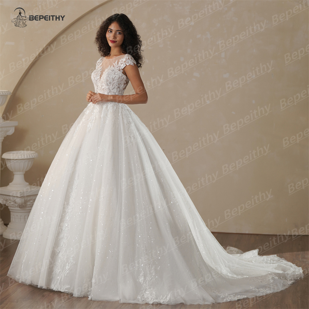 BEPEITHY Customized Cap Sleeves Bride Ivory Wedding Dresses For Women 2025 Court Train Lace Glitter Sexy Backless Bridal Gown