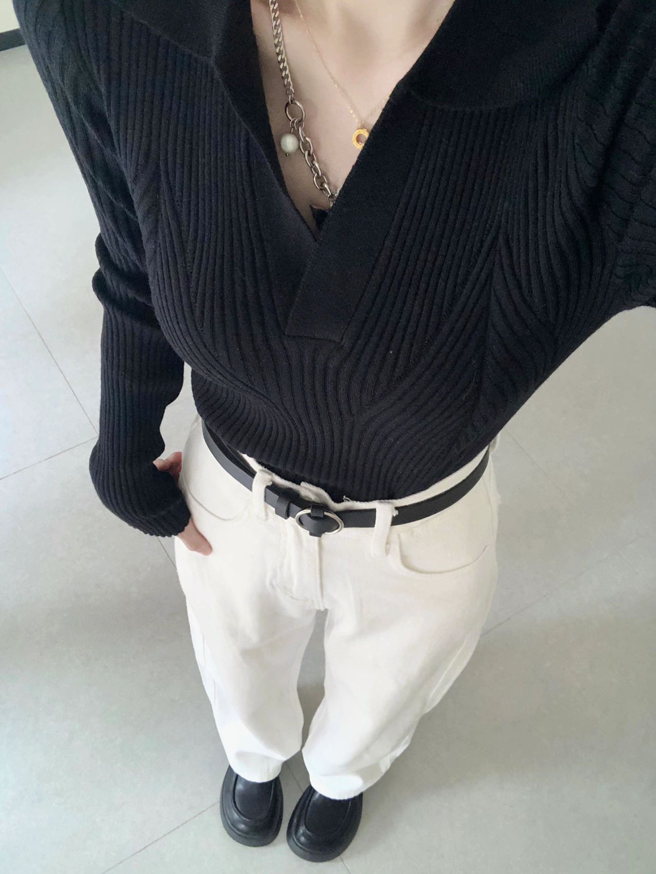 Black V-Neck Knitted Base Shirt Women's plus Size Slim Fit Long Sleeve Polo Neck Top Spring New Sle Winter Slimming Top