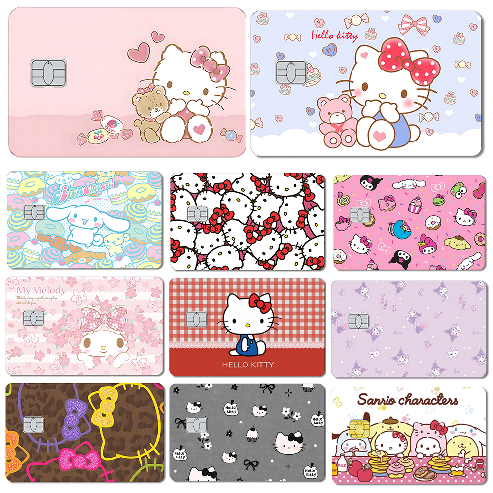 30 + nuevo Saniro Hello Kitty Cinnamoroll Melody Kuromi Pompompurin película de PVC de dibujos animados pegatina de piel para tarjeta de débito tarjeta bancaria de crédito