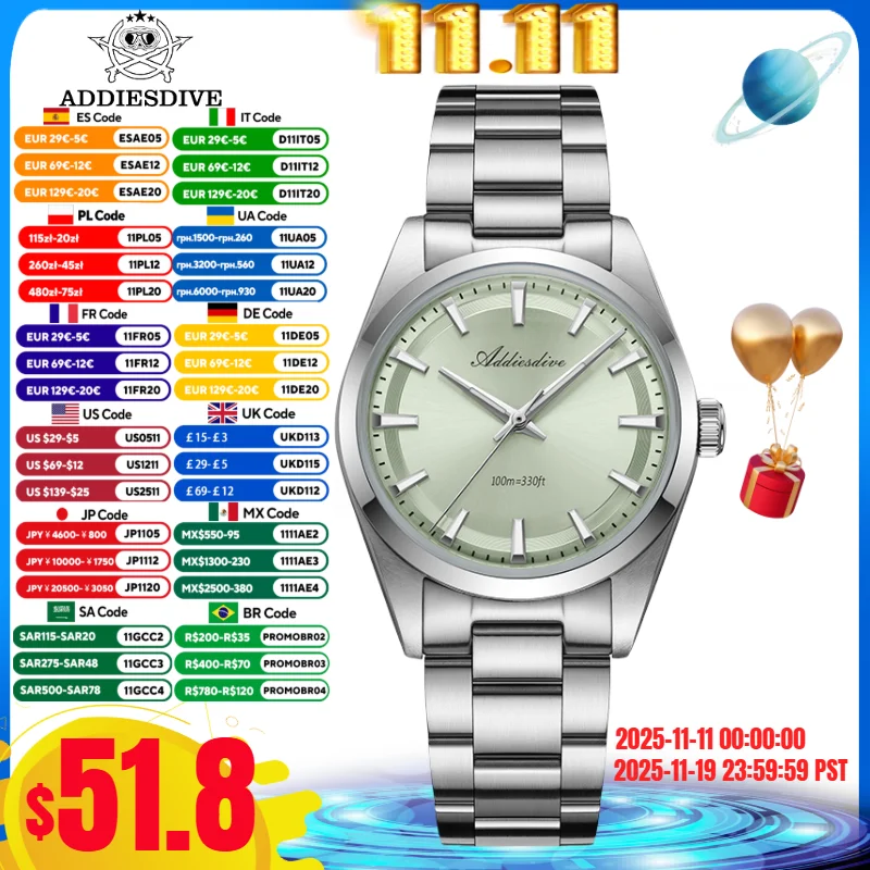 ADDIESDIVE 36 мм AD2066 Мужские часы BGW9 Luminou Bubble Mirror Glass Нержавеющая сталь 316L Reloj Hombre 100 м Водонепроницаемые кварцевые часы