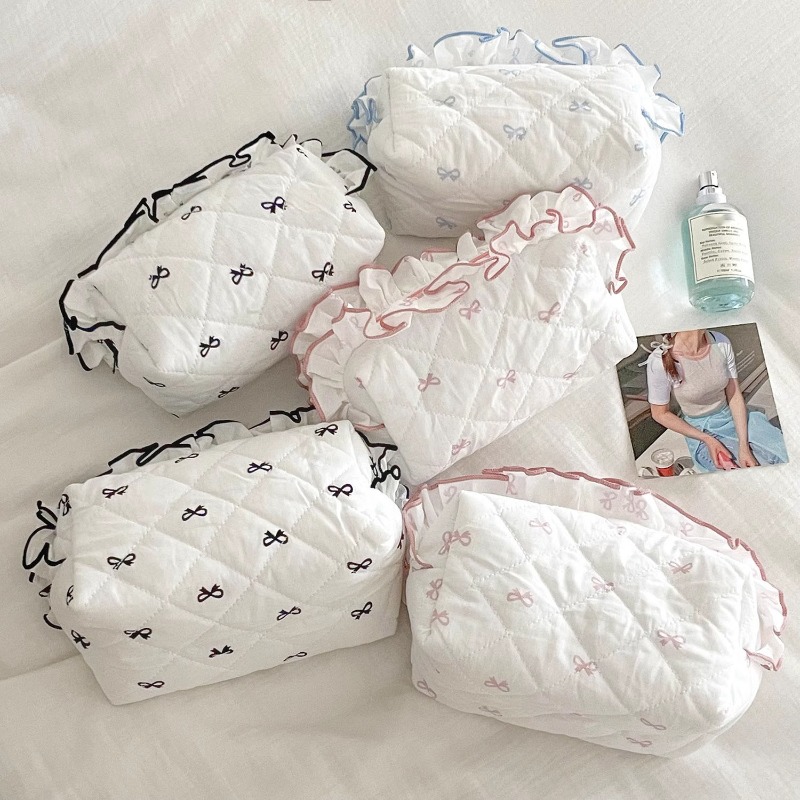 Женская косметичка с кружевным бантом, портативная косметичка, милая дорожная сумка для хранения, большая вместительная косметичка, женская сумка