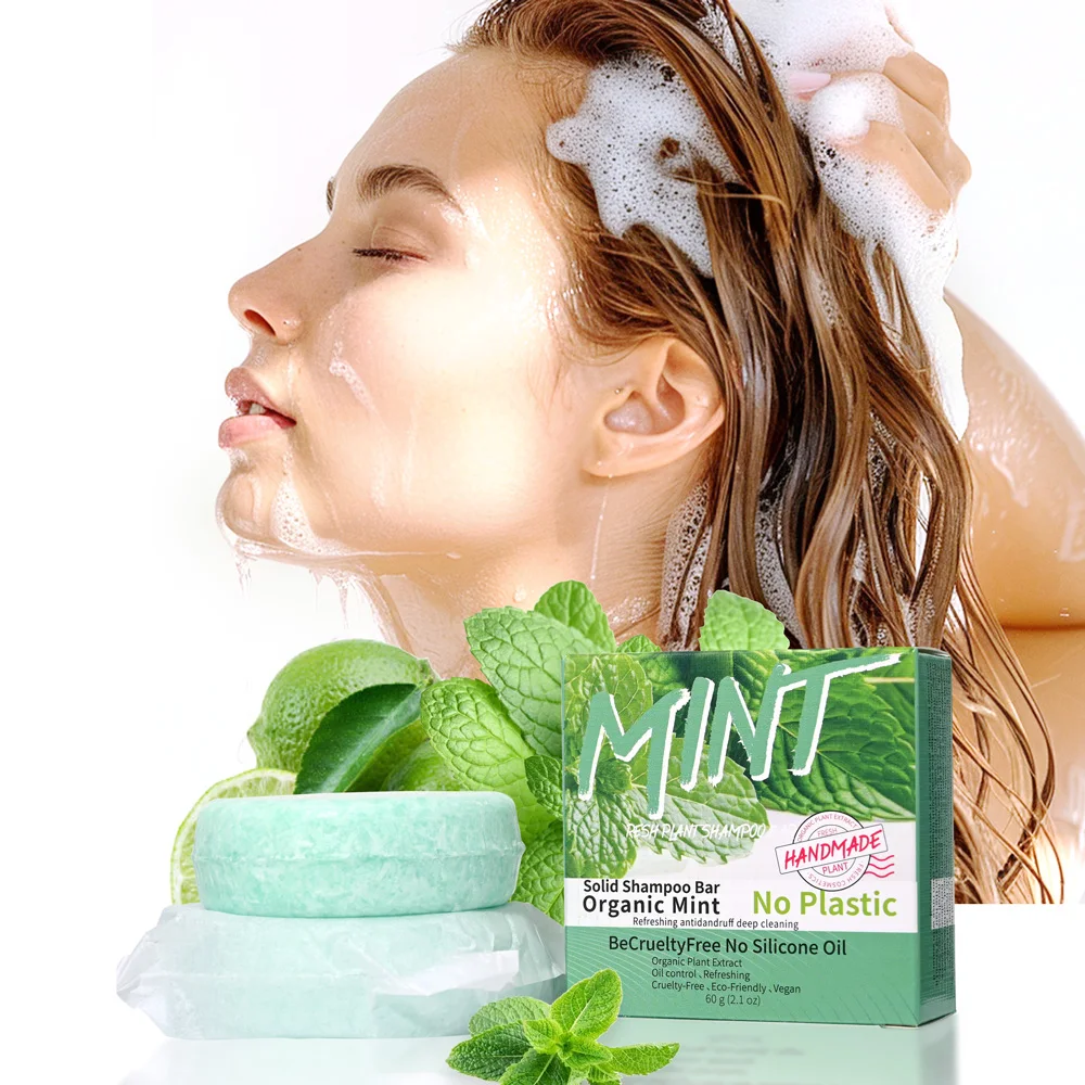 Shampoing à l'huile essentielle de menthe rafraîchissante, savon pour les mains, bâton de shampoing solide, extrait de plante biologique, essence, soins capillaires