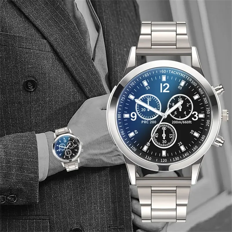 Conjunto de relojes de pulsera para hombre a la moda, reloj de cuarzo de acero inoxidable plateado deportivo de lujo para hombre, reloj de pulsera informal de negocios para hombre