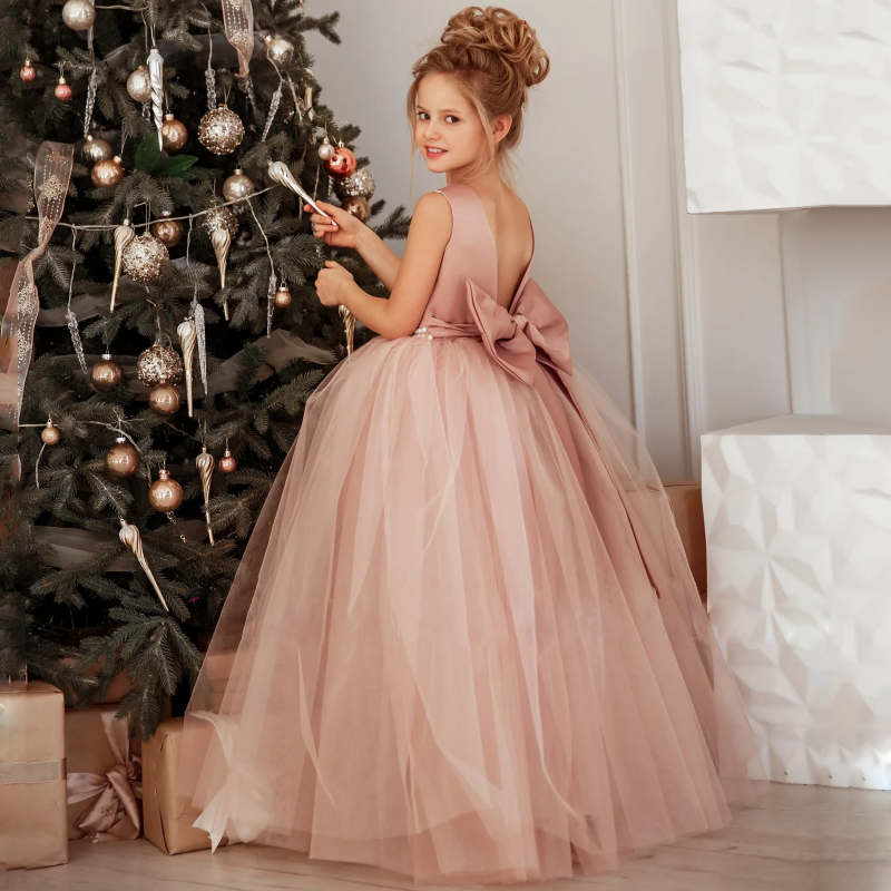 Maßgeschneidertes Blumenmädchenkleid mit staubigen rosa Perlen und Schleife für Hochzeit, Geburtstag, Bankett, Abschlussball, Ball, Heilige Kommunion