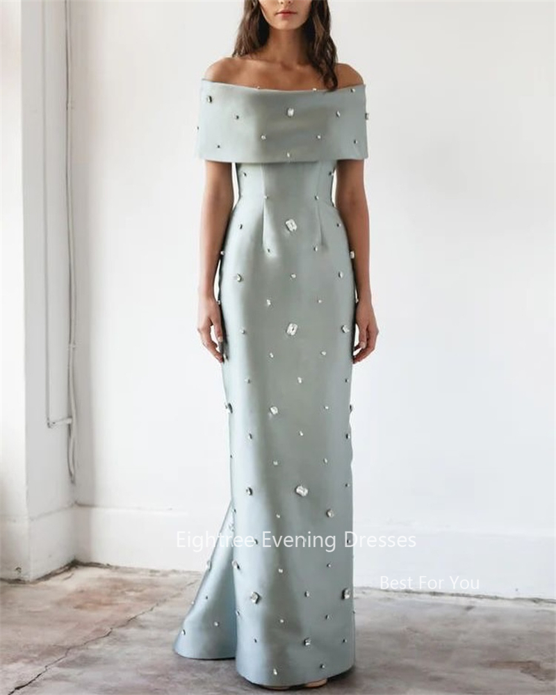 Eightree-裸の肩を持つミントグリーンのビーチドレス,モダンなクリスタル,ドバイ,サウジ,ボートネック,イブニングドレス,サテンビーズ,カスタマイズ