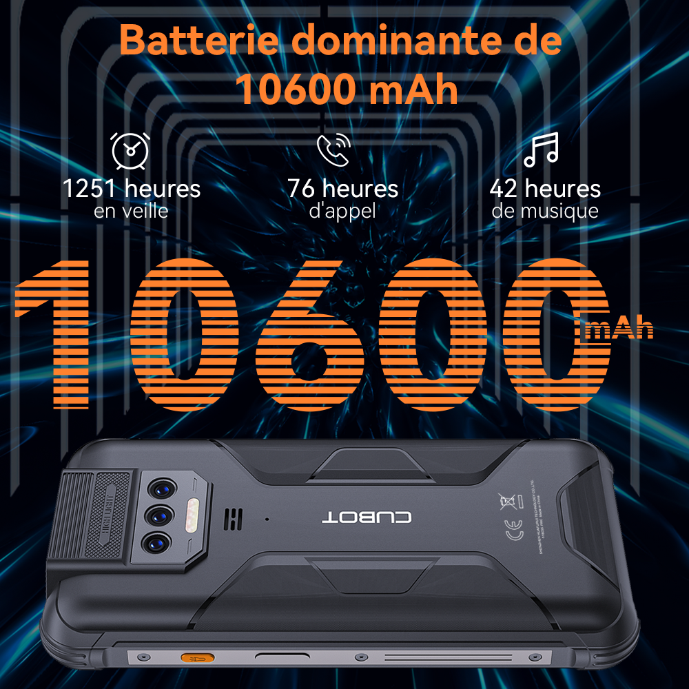 Smartphone robuste et étanche IP68 Android 13, Cubot KingKong 8, Octa-core, 12 Go de RAM(6 + 6 Go), 256 Go Dean, 10600mAh, appareil photo 48MP, NDavid