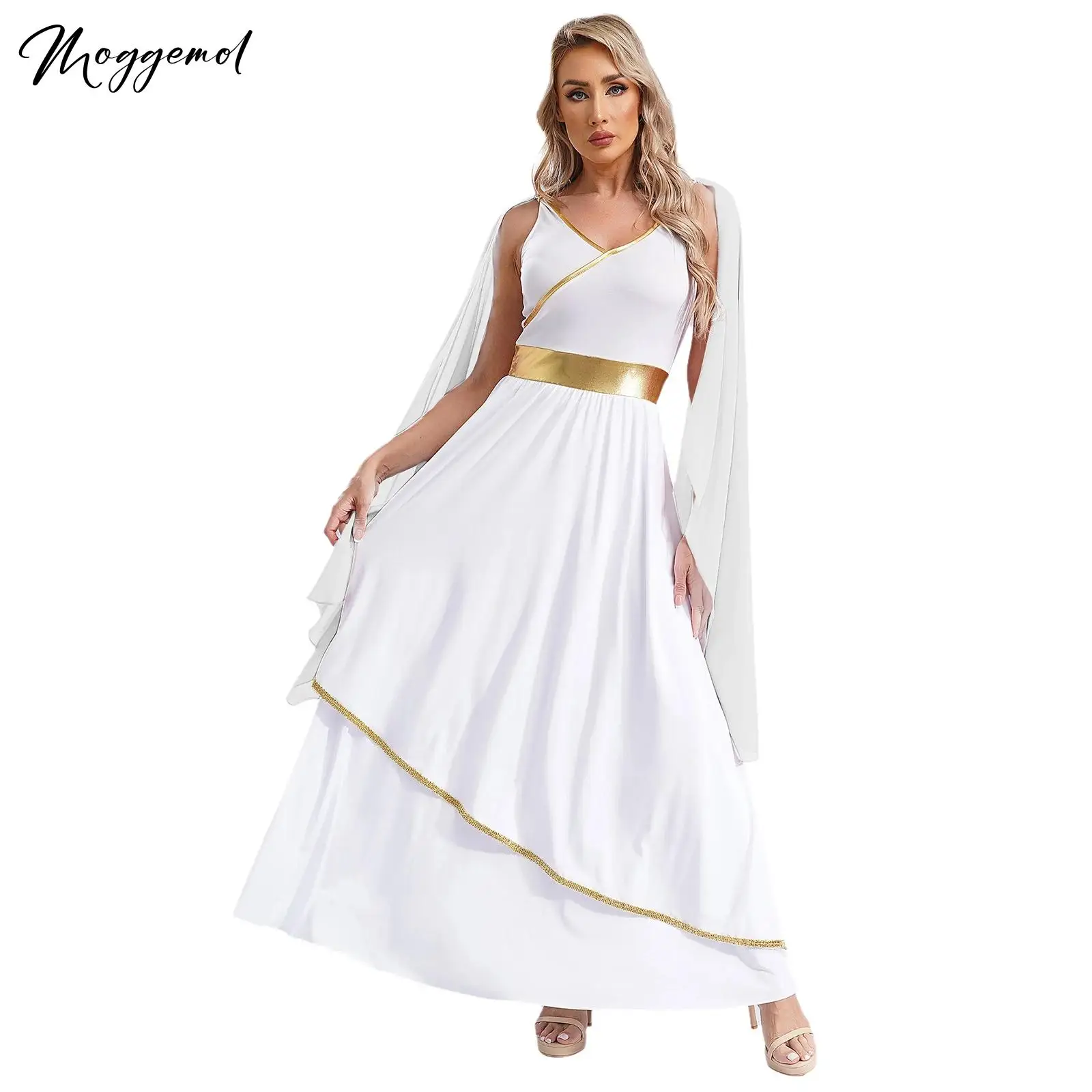 Womens Ancient Greek Toga Goddesses Costumes Party Halloween V Neck Sleeveless Gold Trims Toga Greece Roman Queen Cosplay Dress