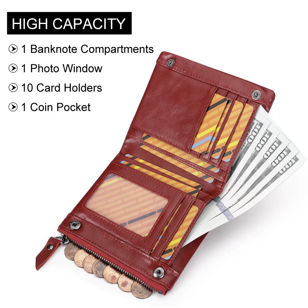 Portafoglio piccolo da donna in vera pelle al 100% Portafogli bifold compatti per carte di credito RFID con tasca con cerniera Fermasoldi corto da donna