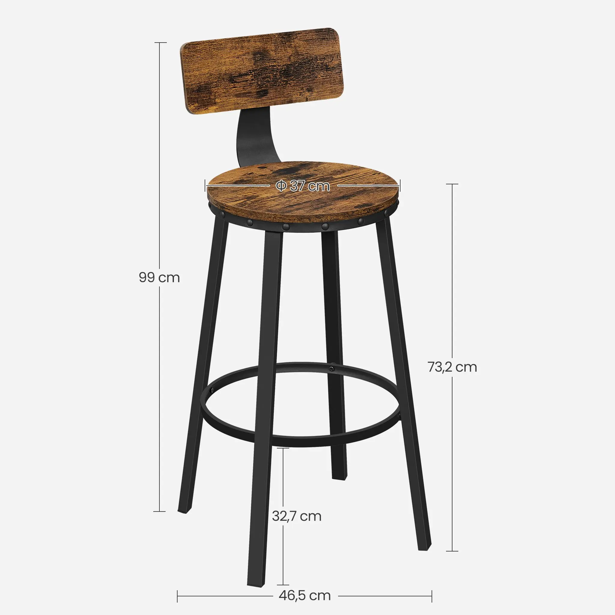 VASAGLE Barhocker, 2er Set, Barstuhl, Küchenstuhl mit Metallgestell, Sitzhöhe 73 cm, einfache Montage, Industrie-Design