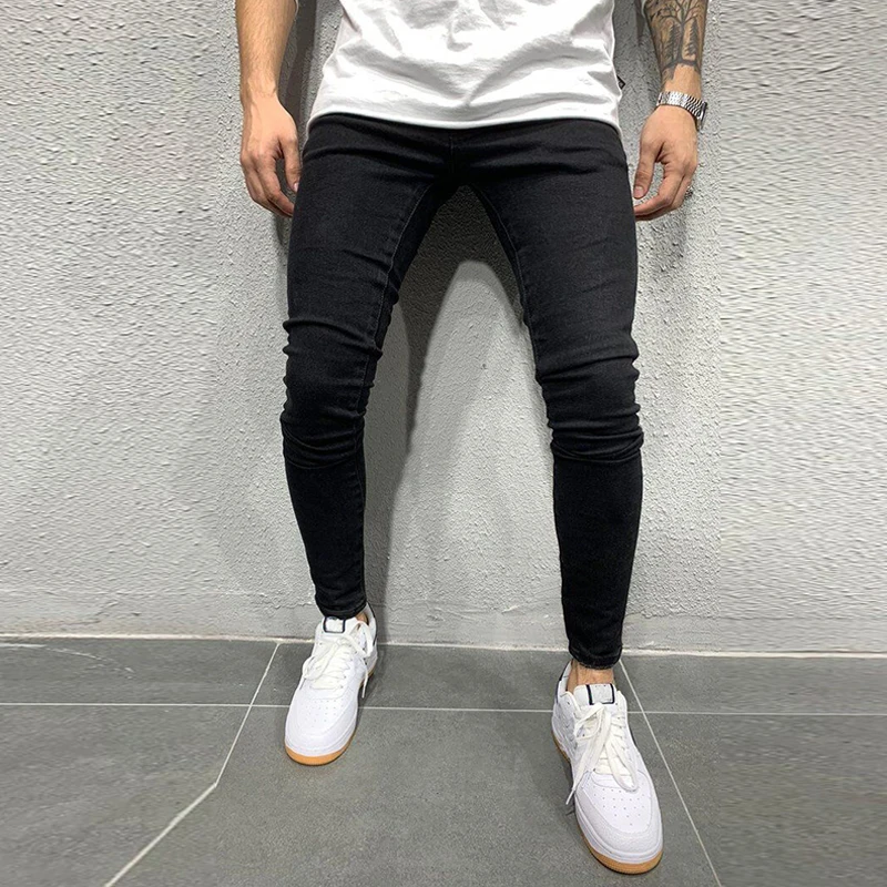 Pantalones vaqueros grises de Color puro para hombre, Vaqueros ajustados con cintura elástica, elásticos, sin pantalones rasgados, ropa de calle, pantalones vaqueros negros para hombre 2021