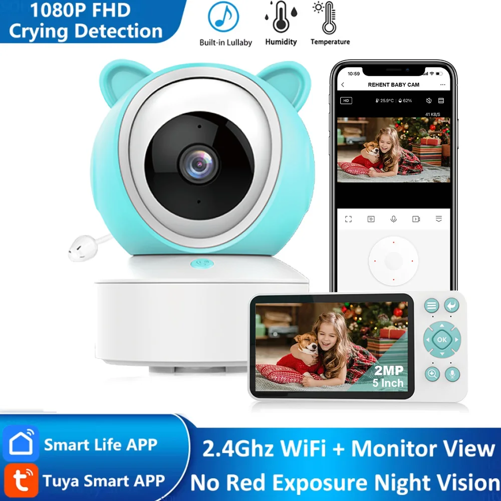 5 "Tuya Smart WiFi recordatorio de alimentación temperatura movimiento detección de sonido APP Ver Control Audio Video bebé monitores cámara 1080P