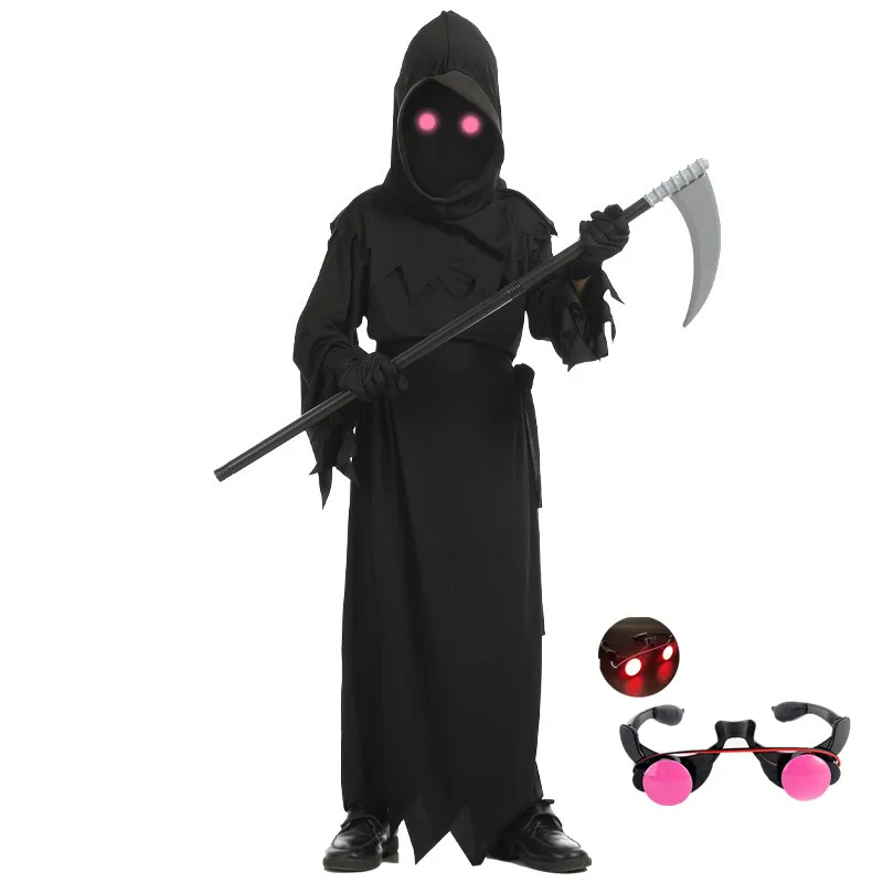 Costume cosplay di Halloween Grim Reaper Spaventoso Costume da scheletro Bambini Incandescente Occhi rossi Grim Reaper Fantasma Robe Invia falce Puntelli