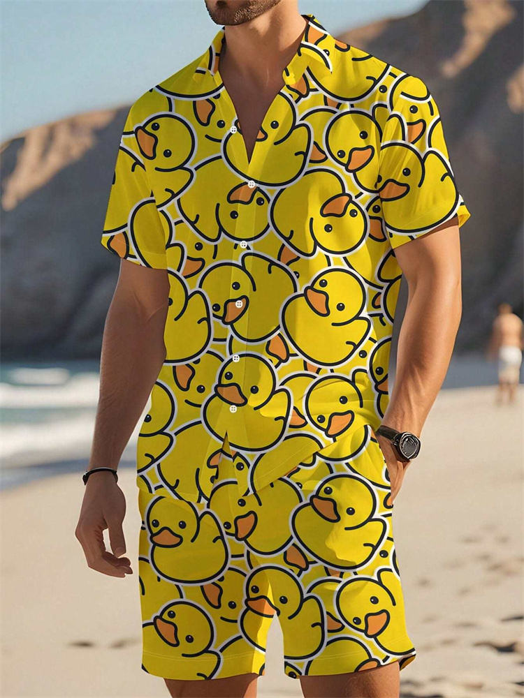 Гавайский комплект рубашек, мужская рубашка с принтом желтой утки, модный узор, летняя мода, повседневная повседневная рубашка на пуговицах, шорты, комплект из двух предметов