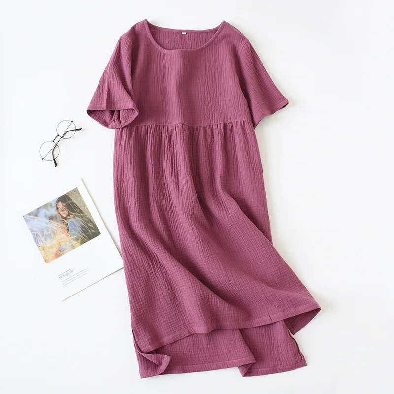 Camisones de verano cómodos de color sólido de gasa de algodón falda larga camisones de casa camisón de cuello redondo para mujer sección delgada