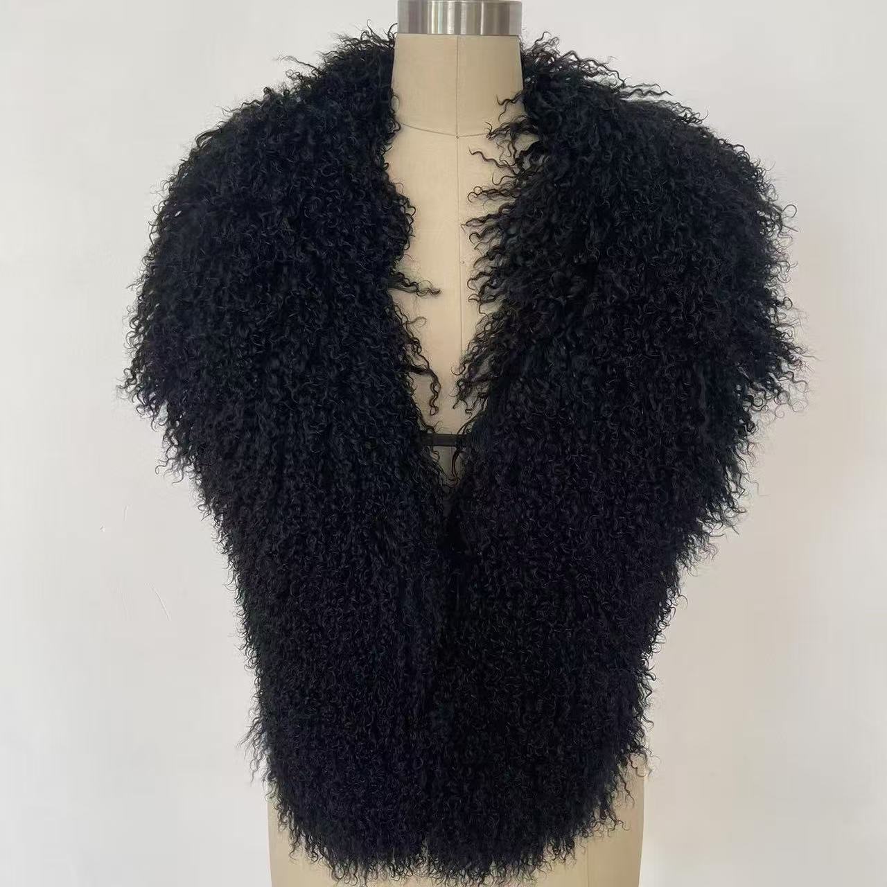 Kamizelka streetwearowa z prawdziwej mongolskiej skóry owczej, damska kamizelka z prawdziwego futra owczego, top typu halter.