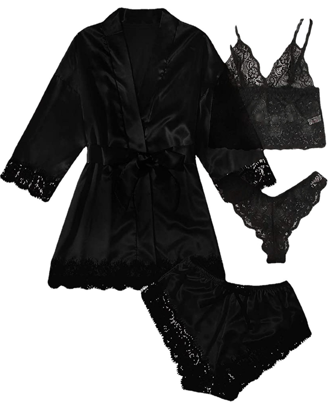 Novos conjuntos de pijama feminino para dormir, conjunto europeu americano de 4 peças com suspensório de cetim de renda, conjunto de verão para dormir