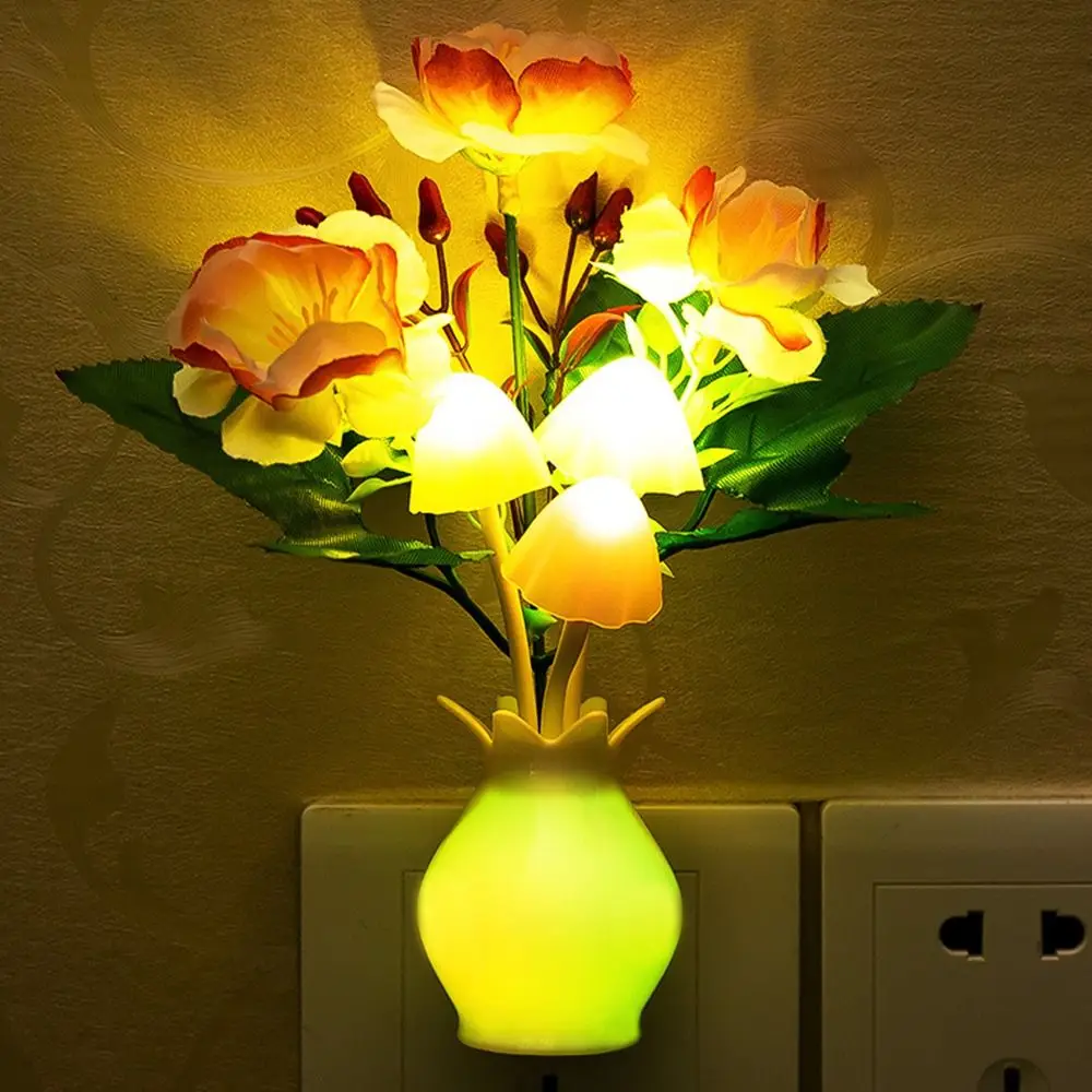 Lámpara LED tipo seta, lámpara de noche LED, novela, lámpara de noche de 7 colores, 220V, enchufe europeo, detección de sueño, florero de Granada de alta calidad, flores