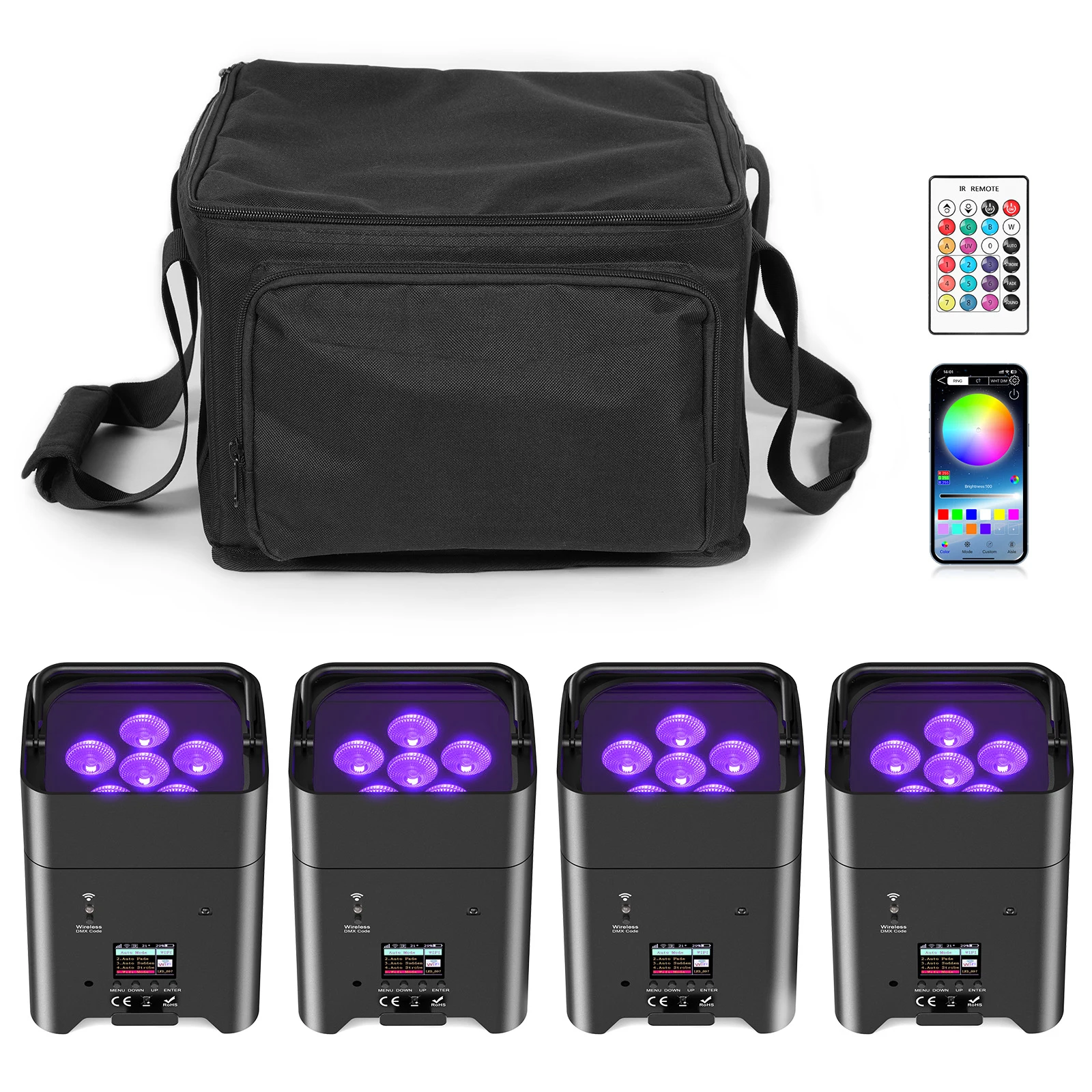 U'King 4 SZT. 6x18W 6w1 RGBAW+UV Reflektor Par z Torbą DMX Pilot WiFi Bezprzewodowy Reflektor LED Sceniczny dla DJ Baru Imprezy