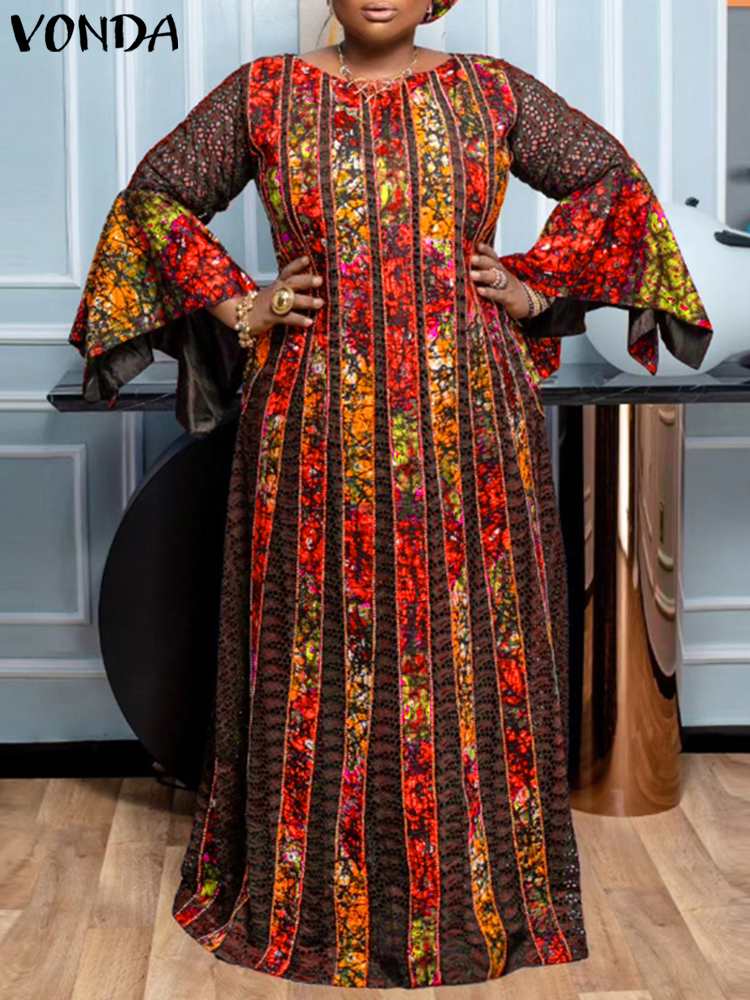 Vonda plus size 5xl elegantes maxi kleid frauen böhmisch bedrucktes party kleid 2024 lange flare ärmel party lässig lose robe femme